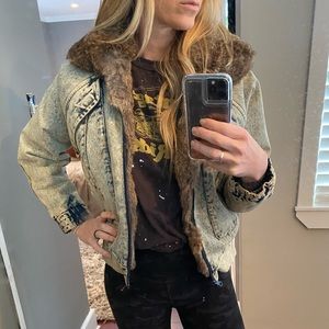 Vintage Reversible denim and fur coat.